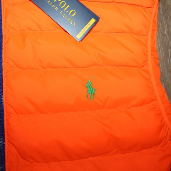 NWT POLO RALPH LAUREN MEN'S NEON PACKABLE DOWN VEST ORANGE NAVY BLUE $240‎ - Picture 4 of 10